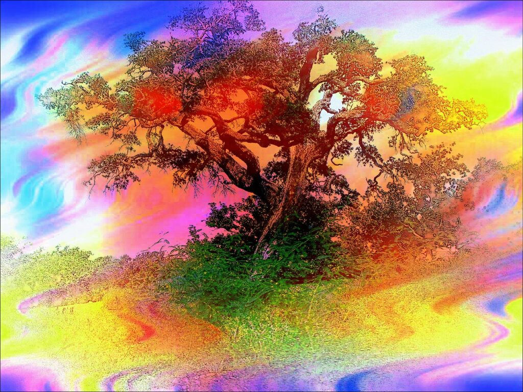 obraz z namalowanym kolorowym drzewem